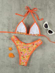 Conjunto de bikini y tanga triangular con estampado floral y escote halter sexy para mujer, ideal para la playa en verano - Multicolor - Ver 4