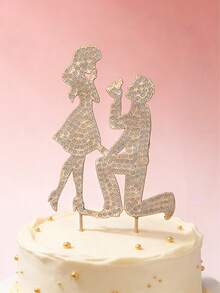 1 Stück Hochzeitstortenaufsatz mit Strass, mit Silhouette des verlobten Paares, geeignet für Verlobungszeremonie, Jahrestag und ganzjährige Dekoration - Verschiedenfarbig - Übersicht 2