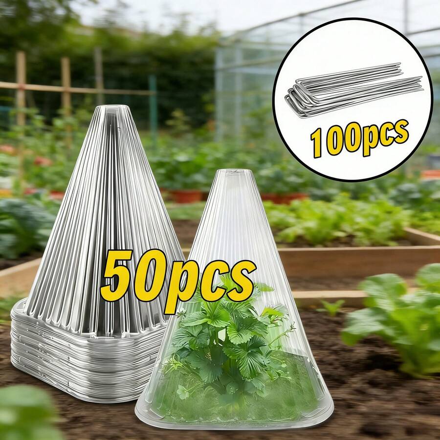 Bộ 150 món bọc bảo vệ cây trồng, bao gồm 50 tấm bọc cây con trong suốt, 100 cọc cắm đất, nhà kính mini dày dặn có thể tái sử dụng, thích hợp cho vườn ươm, chống chim và chống sương giá. - A - Xem 1