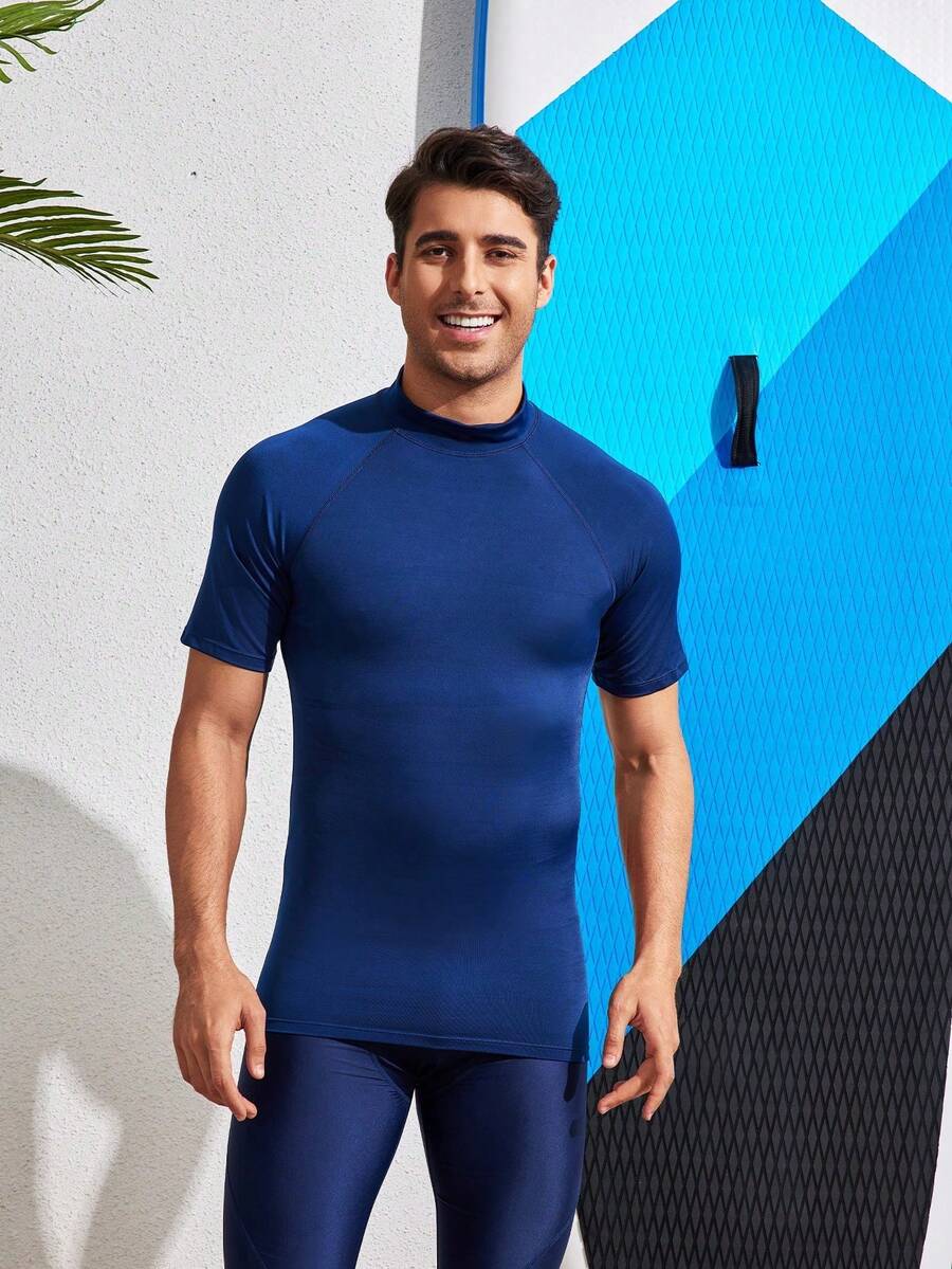Men's High Elasticity Quick-Dry Smooth Skin-Friendly Short Sleeve Swimsuit, Compression Shirt Surfing Suit Top - Royal Blue - View 1