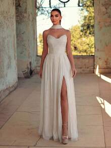 女士无肩带褶裥连衣裙，精致全褶裥面料，修身剪裁，适合庆典场合 - 杏色 - 查看 11