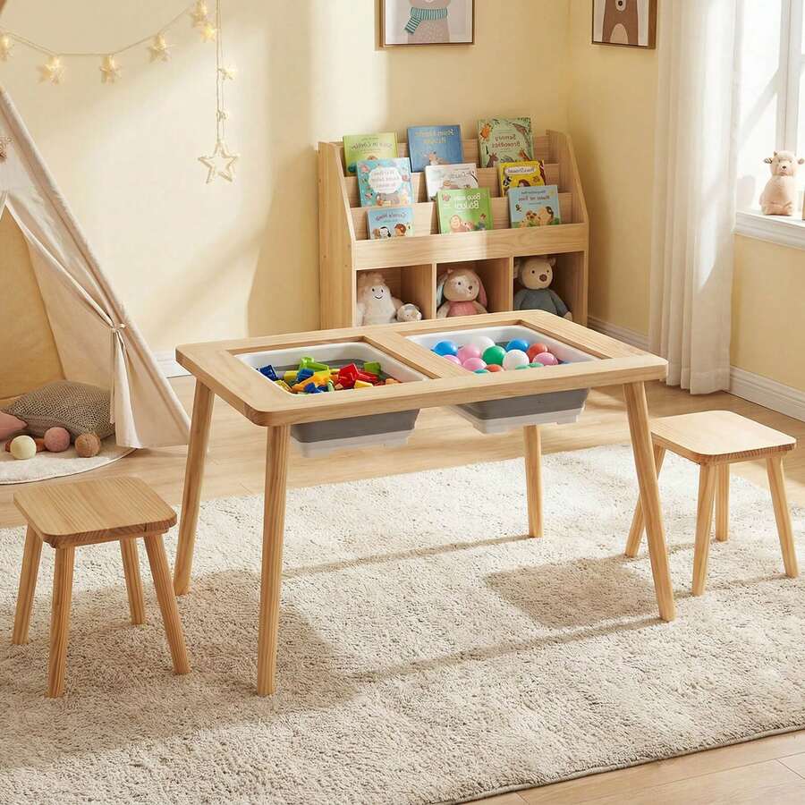 Sensory Table Kid's Table And Chairs Set With Detachable Double-Sided Tabletops - Natural - View 1