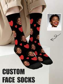 1 Pair Customized Mid-Calf Socks, Bow Tie Pattern, Customized Portrait Socks, Couples Socks, Customized Photo Socks, Customized Printed Socks, Personalized Funny Face Pattern Socks, Customized Image Socks, Can Print Any Face Type On Socks, Anniversary Gift, Valentine's Day Gift, Birthday Gift, Wedding Gift, Mother's Day Gift, Father's Day Gift, Gift For Best Friend, Gift For Parents, Gift For Girlfriend/Boyfriend - Black - View 1