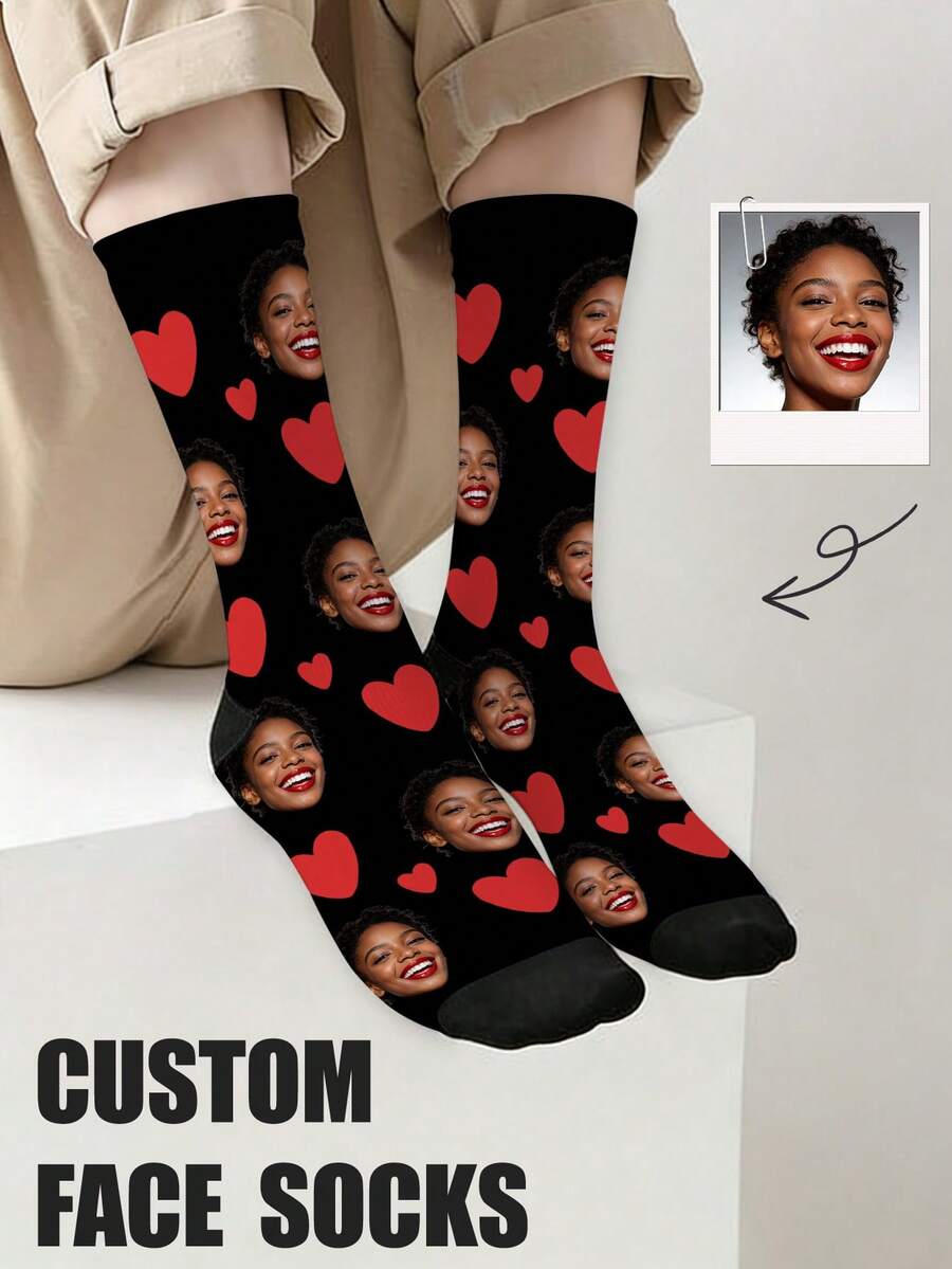 1 Pair Customized Mid-Calf Socks, Bow Tie Pattern, Customized Portrait Socks, Couples Socks, Customized Photo Socks, Customized Printed Socks, Personalized Funny Face Pattern Socks, Customized Image Socks, Can Print Any Face Type On Socks, Anniversary Gift, Valentine's Day Gift, Birthday Gift, Wedding Gift, Mother's Day Gift, Father's Day Gift, Gift For Best Friend, Gift For Parents, Gift For Girlfriend/Boyfriend - Black - View 1