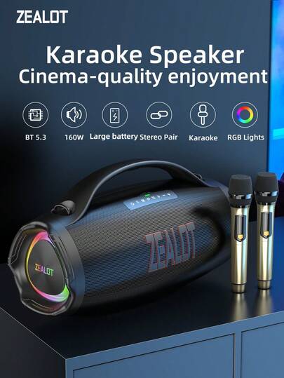  Altavoz inalámbrico de karaoke ZEALOT S98M con función de micrófono, luces de color RGB, modo EQ para tres experiencias de sonido diferentes, reproducción de hasta 8 horas, SD, USB, AUX, función de emparejamiento dual de Internet, compatible con teléfonos móviles, tabletas, TV, computadoras, altavoces de karaoke profesionales, adecuado para salas de cine en casa, actividades al aire libre, fiestas, playas, reuniones. Potencia máxima de salida de 160W.