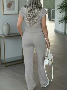 Women's 2-Piece Casual Outfit, Solid Color Short Sleeve Top Paired With Heart Graphic Print Pants, Suitable Spring/Autumn Casual Wear Summer - 灰色 86 - 查看 4