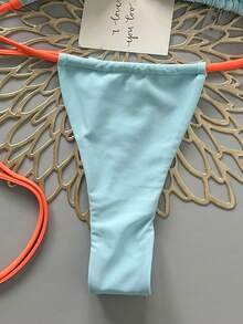 女士夏季沙滩拼接露背系带性感比基尼和三角泳裤套装 - 青碧色 - 查看 5