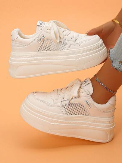 Women's Platform Sneakers, Solid Color Lace-Up Casual Shoes, Lightweight Breathable Mesh, Thick Sole, Comfortable Slip-On, Versatile For Summer