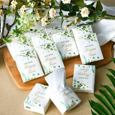 20 paquetes de pañuelos faciales suaves "Lágrimas de Felicidad", decorados con hojas verdes, adecuados para compromisos, fiestas de bodas, momentos alegres, suministros de boda para novios y novias