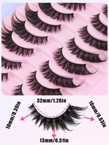 10 Pairs Cat-Eye False Eyelashes, Fluffy Layered Wispy Lashes With Realistic Mink Effect, Natural-Looking Extended Strip Lashes For Makeup, Parties, Festivals, Weddings, Halloween & Daily Glam - 黑色 - 查看 5