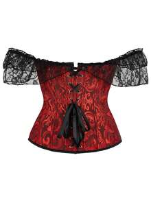 Áo corset ren lưng nhún jacquard trễ vai cỡ lớn cho nữ, thích hợp cho tiệc năm mới, ngày lễ tình nhân, ngày lễ, trang phục Halloween - Đen và đỏ - Xem 2