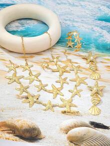 6件套金属海星、贝壳、海螺吊坠首饰套装，适合女性日常、夏季、海滩、度假佩戴 - 包括手链、项链、耳环、戒指、腰链 - 金黃色 - 查看 2