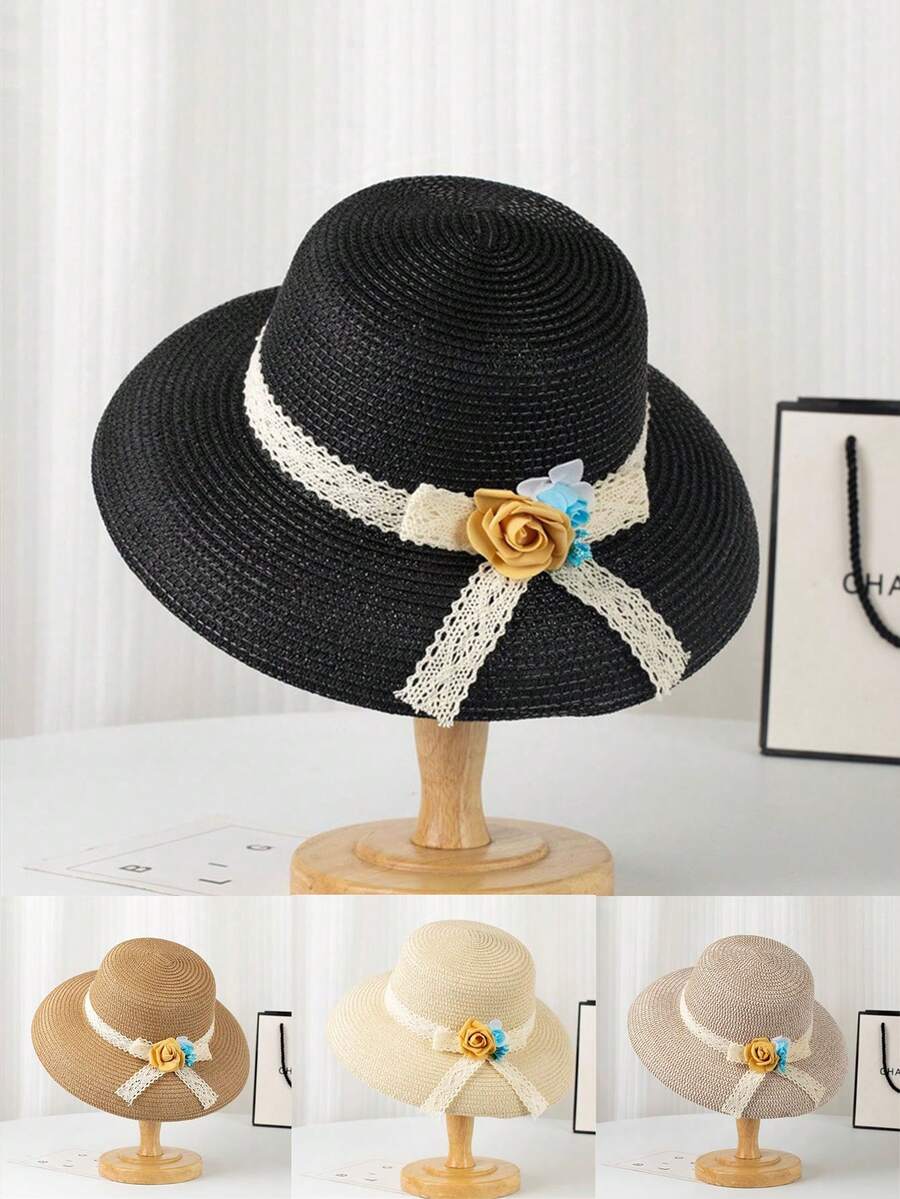 1pc Spring/Summer Foldable Floral Sun Hat, Women Beach Vacation Sunscreen Hat - A - View 1