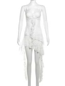 YeonC 吊带蕾丝拼接荷叶边薄纱连衣裙 - 白色 - 查看 6