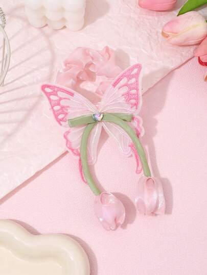 1 chiếc dây buộc tóc hình hoa tulip màu hồng cho bé gái, băng đô cài tóc hình bướm màu hồng, dây chun buộc tóc thanh lịch dễ thương cho bé gái dự tiệc cưới, kỳ nghỉ, lễ hội, mùa hè, phụ kiện tóc cho tuổi teen.