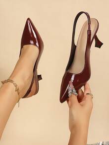 女士高跟鞋，春季新款尖头高跟鞋，性感黑色漆皮单带细高跟凉鞋，二合一鞋款，高跟鞋，时尚凉鞋 - 酒紅色 - 查看 2