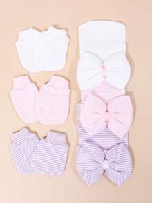 3pcs/Set 0-3M Newborn Baby Soft Bow Decor Hat And Gloves Set, Suitable For Daily Use - Multicolor - View 2