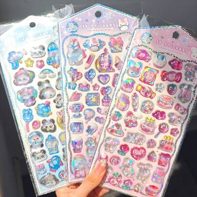 Cute 3D Embossed Panda, Unicorn, Rabbit, Cat Animal Laser Holographic Epoxy Resin Stickers, Suitable For Scrapbooking, DIY Phone Cases, Laptops, Water Bottles, Stationery, Reusable Waterproof Glitter Stickers