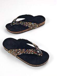 2026 Nuevas chanclas de verano para mujer con cristales de colores, sandalias planas con diamante de imitación, plantilla de espuma viscoelástica cómoda, pantuflas de playa de moda, adecuadas para vacaciones en la playa, regalo ideal para el Día de San Valentín - Negro - Ver 15