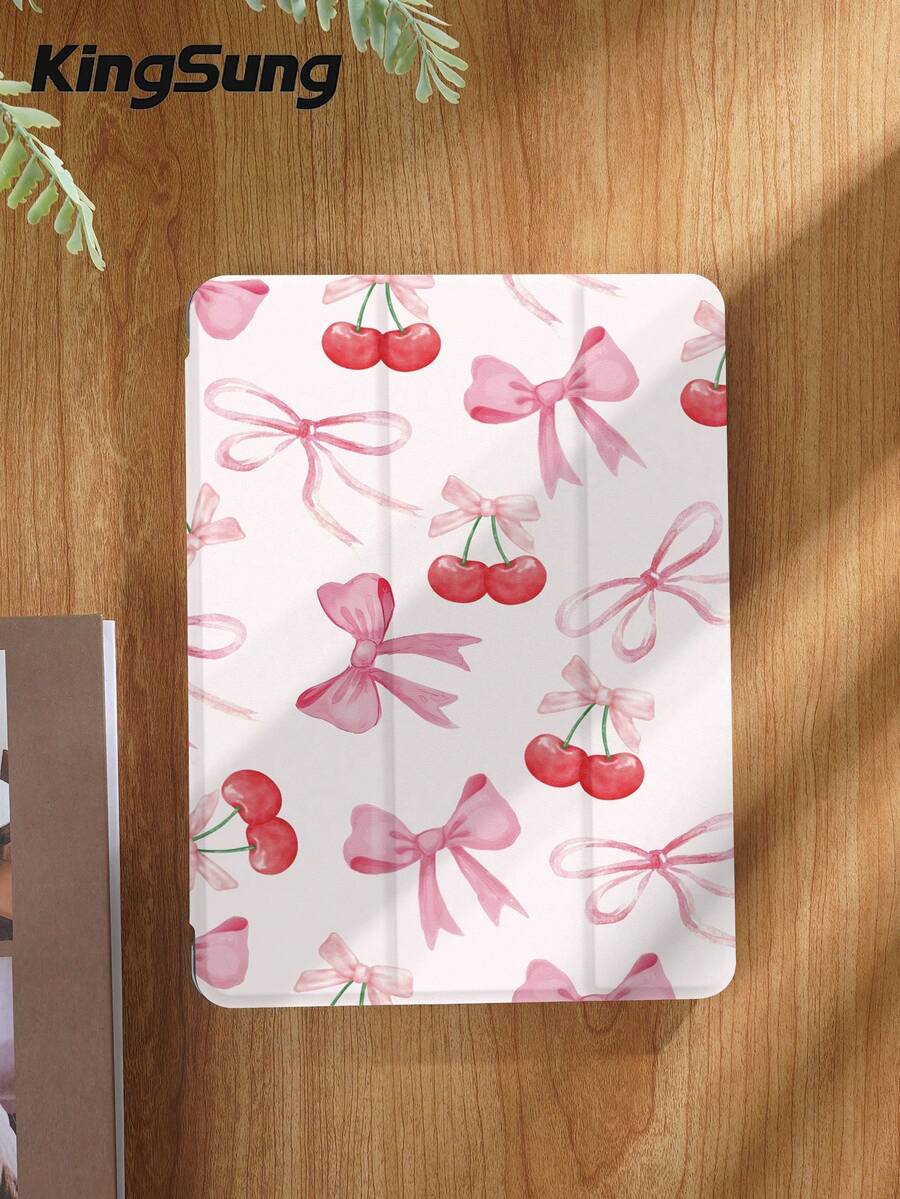 Kingsung Ốp máy tính bảng họa tiết nơ và anh đào, tương thích với iPad 9.7/10.2/10.5/10.9/12.9/Pro 11, thế hệ thứ 10, Air 8 (M4) 2026 (11/13 inch), tương thích với Samsung Galaxy Tab S6 Lite 10.4 inch, tương thích với Kindle Paperwhite thế hệ thứ 12 2024, Kindle thế hệ thứ 11 2022. Chống rơi vỡ, chân đế thông minh/tự động bật/tắt màn hình.