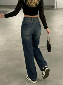 Jeans rectos y sueltos de moda casual y de uso diario para mujer, primavera - Azul Marino - Ver 3