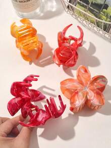Spring & Summer Bohemian Sweet Bright Orange Marble Daisy Flower Combination Hair Claw, Beach Hairpin Beach Accessories Vacay Hair Clips Summer Beach Claw Clips - Multicolor - View 5