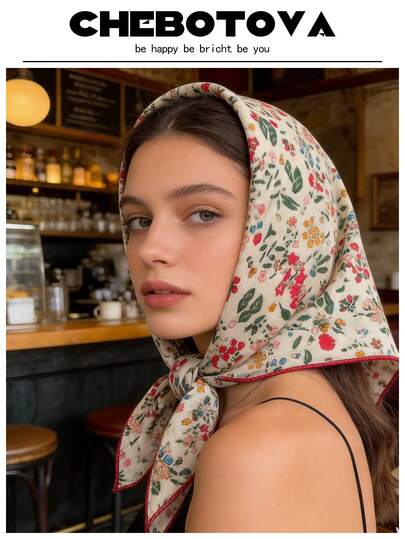 1 Pañuelo cuadrado de seda para mujer, estilo pañuelo cuadrado pequeño, material de lino, estampado floral fresco, decoración vintage, se puede usar como pañuelo para la cabeza, lazo para el cabello, diadema, es una opción ideal para realzar tu apariencia general.