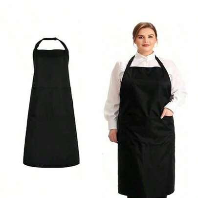 1pc Plus Size Apron, Large Kitchen Apron With 2 Pockets, Adjustable Black Apron Suitable For Men And Women Cooking, Baking, Cleaning, Gardening