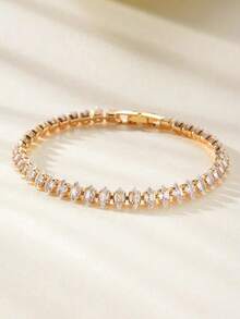 1pc Fashion Cubic Zirconia Sparkling Bracelet, Suitable For Women & Men, Wedding Party, Exquisite Jewelry Gift - Gold - View 7