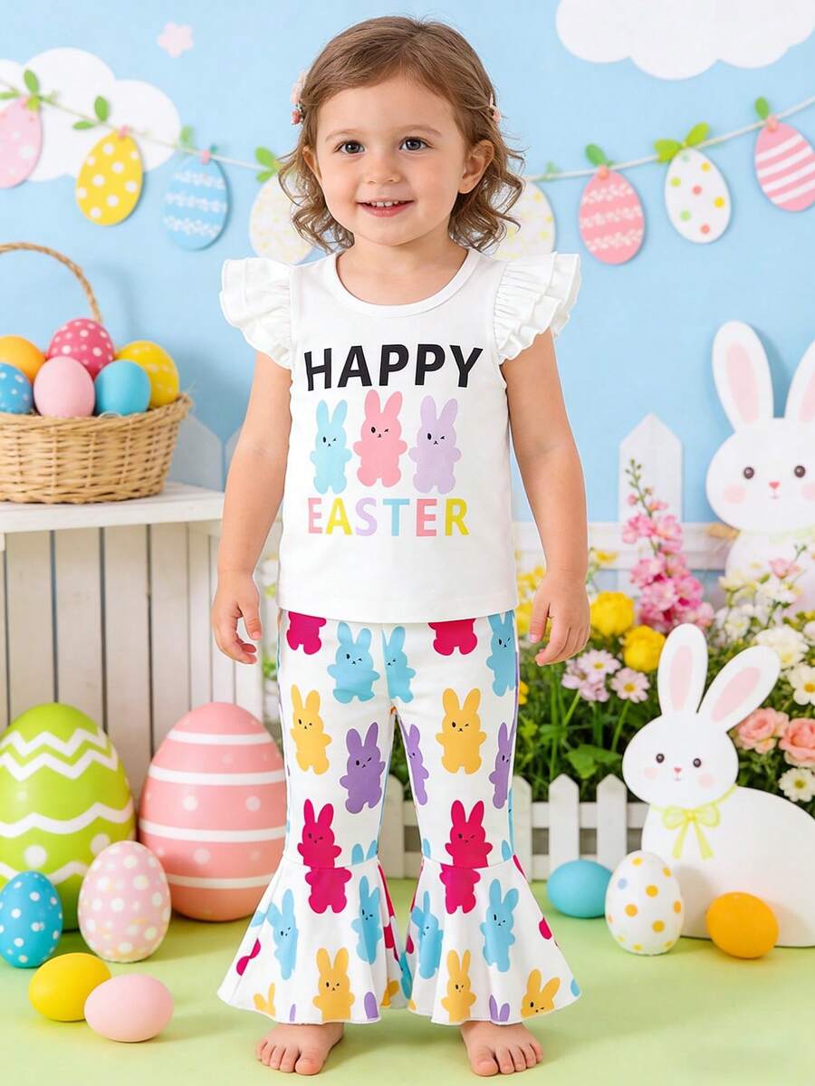 Baby Girl Cute Cartoon Rabbit & Letter Print Cap Sleeve Top + Flared Pants 2pcs/Set - Multicolor - View 1