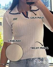 Women's Modal Knit Blouse, Brazil Style, Short Sleeve, Ribbed Knit, Polo Neck, Comfortable - White - View 2