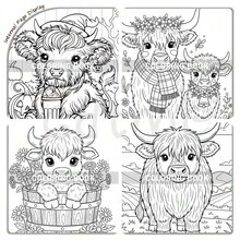 GDTME A Soft And Adorable Highland Cow With Fluffy White Fur, Wearing A Black And White Polka Dot Bow On Its Head, Long Horns, And Round Eyes. On The Right Side, An Orange-Brown Calf With A Pink And White Polka Dot Collar, Also With Long Horns And A Fluffy Coat, Forming A Warm Companionship With The Cow On The Left. - High and Low Cow Series - View 4