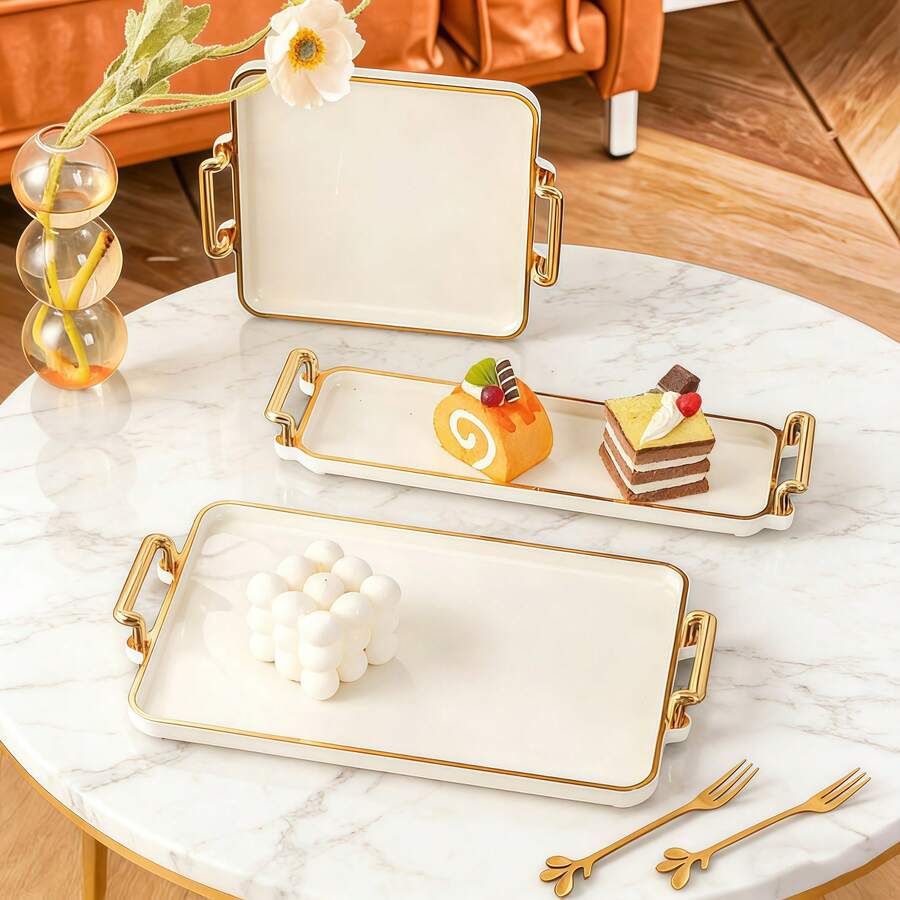 1 pieza Bandeja de diseño de doble asa de lujo moderna, adecuada para bodas, aperitivos, exteriores, bandeja multiusos - Blanco - Ver 1