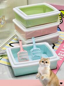 Rectangular Semi-Enclosed Splash-Proof Cat Litter Box With Scoop, Suitable For Cats And Kittens. Self-Cleaning Plastic Cat Litter Box, Compact Litter Box Fits Small Corners. Easy To Clean, Portable, Reusable. Ideal For Everyday Indoor Use. - One Open-top Square Litter Box (with Litter Scoop) - View 4