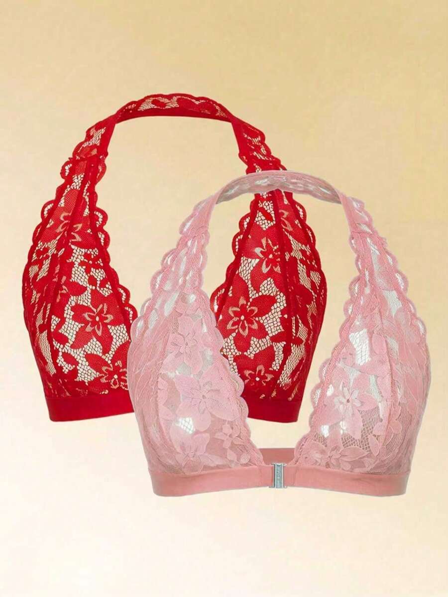 2pcs Women's Solid Color Sexy Lace Halter Bra - Multicolor - View 1