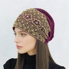 Khăn trùm đầu kiểu mới đính cườm và thêu hoa, thời trang và trẻ trung, thích hợp để che tóc bạc. - Mũ thêu hạt cườm - Xem 14