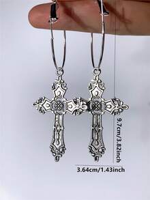 Pendientes de aro con cruz, estilo gótico punk, minimalistas y personalizados, aros extra grandes - Plateado - Ver 5