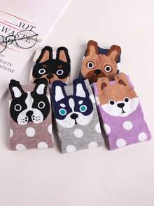 5 Pairs Women's Socks, Polka Dot Crew Socks, Novelty Dog Animal Cartoon Short Socks, Casual Collegiate Style 3D Cartoon Socks, Suitable For Daily Wear - Multicolor - View 7