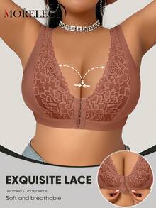 Morelect Plus Size Women Lace Patchwork Front Closure Wireless Bra, Fashionable Jacquard Supportive And Lifting - Camel - View 4