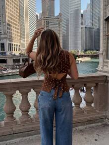 2026新款HoloChill女士休闲撞色波点无袖上衣，夏季休闲蝴蝶结百搭吊带背心，女士春季服装，女士假日派对上衣，女士沙滩装，女士优雅夏季度假上衣 - 咖啡棕 - 查看 4