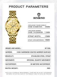 BINBOND B7169 顶级奢华时尚商务女士石英表，30米防水，日期和星期显示，运动女士腕表 - 金色 - 查看 10
