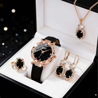 5件套，时尚新款小巧奢华女士圆形水晶石英表，适合搭配项链、耳环、戒指等首饰套装，是派对、聚会、旅行的完美之选，也是母亲节、开学季、婚礼季的理想礼物。