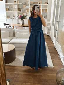 Summer Solid Color Casual Cute Elegant Vacation Beach Sleeveless Long Denim Color Ruched Waist Dress For Women - Navy Blue - View 4