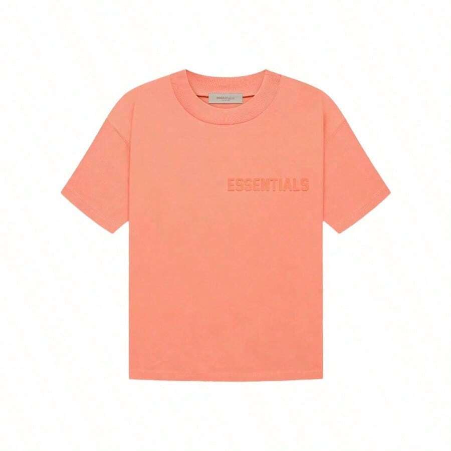 Essentials FW22 Flocked Logo Drop-Shoulder Tee | Unisex Crewneck Short Sleeve T-Shirt, Soft Cotton Everyday Basic - 珊瑚粉 - 查看 1