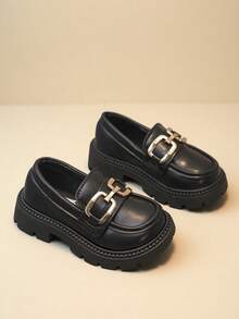 儿童黑色真皮乐福鞋，金属搭扣，厚底防滑，男女童校鞋，幼儿/儿童学院风平底鞋 - 黑色 - 查看 16