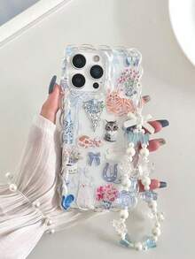 Funda protectora suave para teléfono con diseño de gato trenzado de borde ondulado, minimalista y elegante, pintado a mano con flores y gatos, compatible con iPhone 17pro/17Air /17/17promax 16/11/16pro/16plus/16promax/16e/15Promax/13/14/12/XS/XR/7G/8PXR /7/8, 15Promax, 13, 14, con accesorio de pulsera hecha a mano con cuentas - Multicolor - Ver 2