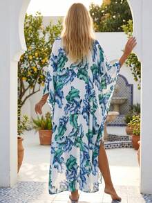 Đầm chiffon cổ chữ V tay cánh dơi họa tiết nhiệt đới xẻ tà dành cho nữ, kiểu dáng bohemian, thích hợp cho kỳ nghỉ biển và chống nắng. - Nhiều màu - Xem 4