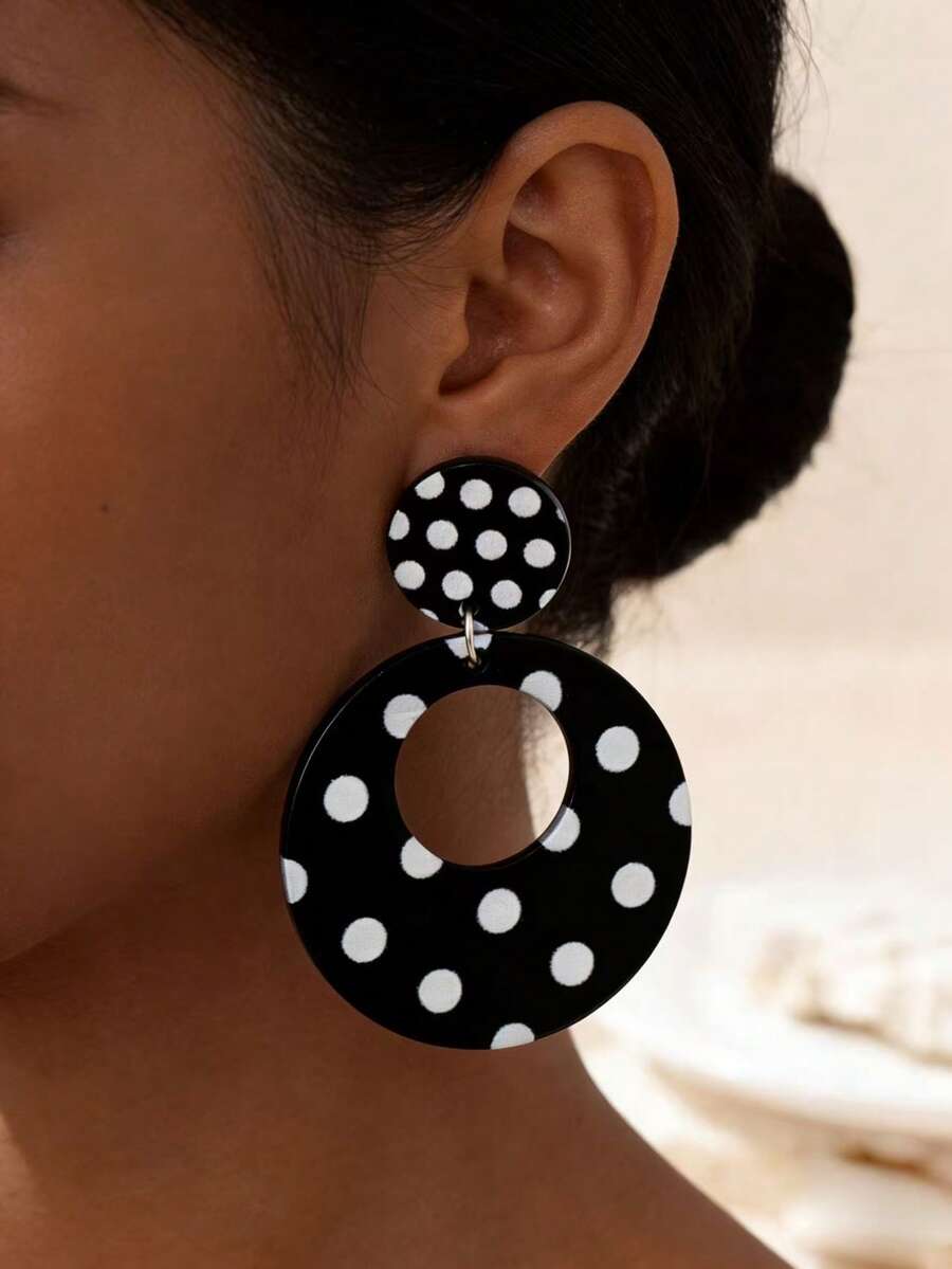 1 Pair Fashion Black & White Polka Dot Acrylic Geometric Water Drop Round Dangle Earrings, Suitable For Daily Wear - Black and White - View 1