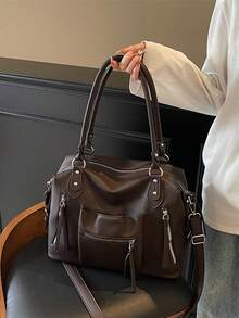 1个深棕色荔枝纹大容量手提包，多拉链口袋设计，可转换手提/斜挎，复古机车风格，多功能通勤/上学包，女士 - 咖啡棕 - 查看 7