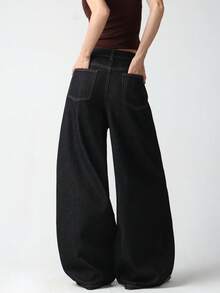 1 Stück Damen Retro Amerikanischer Street-Style bestickte Weite Jeans, locker & bequem lässig Hose für den Alltag, geeignet für alle Jahreszeiten (Gürtel/Zubehör nicht enthalten) Schwarz - Schwarz - Übersicht 3